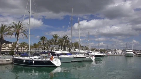 Yachts harbour moody sky Stock Footage 74710906