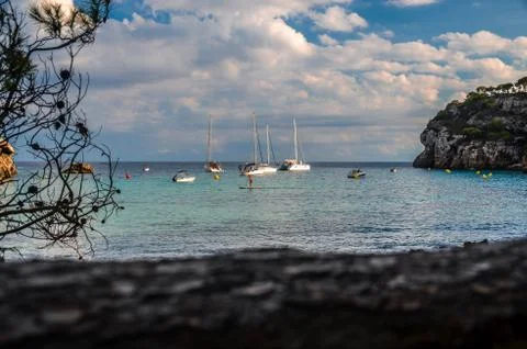 Yachts in Macarella Cove, in Menorca Stock Photos
