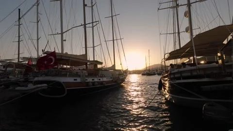 Yachts moored to the pier in the Marina Bodrum Stock Footage 229485555