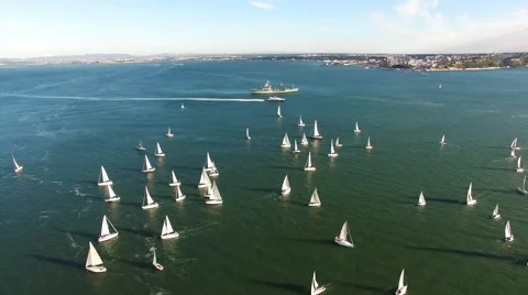 Yachts in the Regatta River view from above Stock Footage 64087735