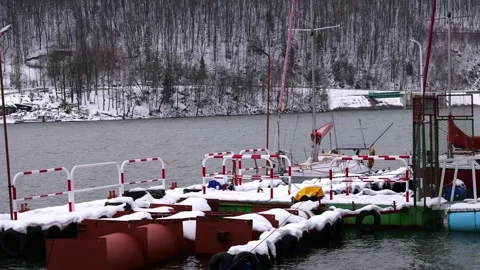 Yachts stored at the pier in winter Stock Footage 258796714