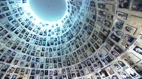 Yad Vashem, Israel's Holocaust Memorial, Hall of Names pictures of the perished Stock Footage