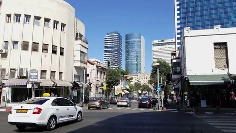 Yafo and Herzel streets intersection, traffic, Shalom Tower, buildings, people Видео 80665133