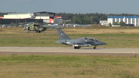 Yak-130 combat trainer (NATO: Mitten) makes u-turn on runway. Stock Footage 120682401