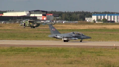 Yak-130 combat trainer (NATO: Mitten) makes u-turn on runway. Stock Footage 120804254