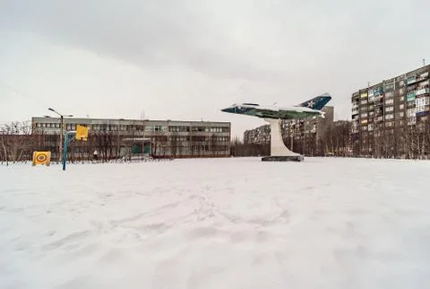 Yak 38 Fighter Jet Monument in school yard in Russia Stock Photos