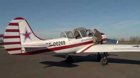 Yak-52 is Soviet two-seat sports trainer. Briefing cadet. Krasnodar. Stock Footage 139269746
