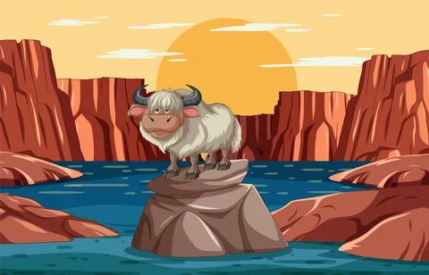 Yak Stranded on a River Rock Stock Illustration