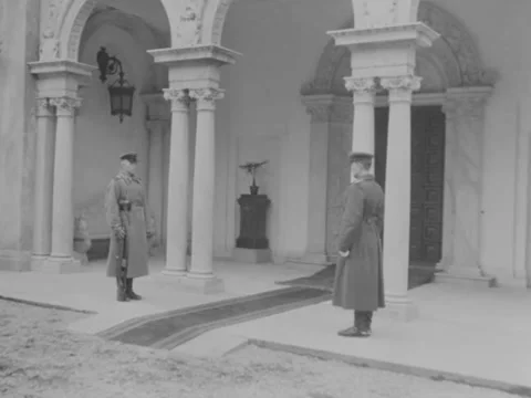 Yalta - 1945: Two guards outside Livadia Palace Stock Footage 221388288