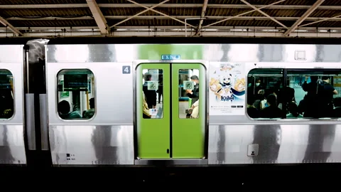 Yamanote Line train making stop at Tokyo Station with Keihin Tohoku Line train Stock Footage 219332215