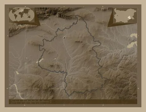 Yambol, Bulgaria. Elevation map colored in sepia tones with lakes and rivers Stock Illustration
