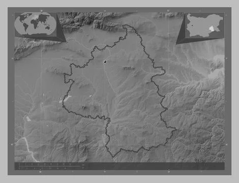 Yambol, Bulgaria. Grayscale elevation map with lakes and rivers Stock Illustration