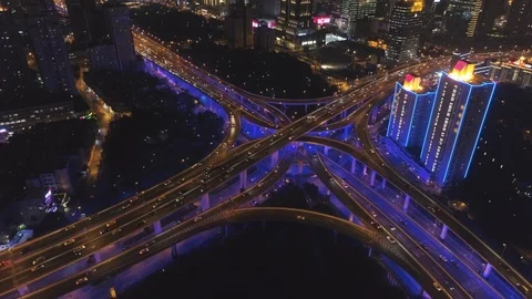 Yan'An Elevated Road Overpass in Shanghai. Aerial View. Drone is Ascending. Stock Footage 85648497