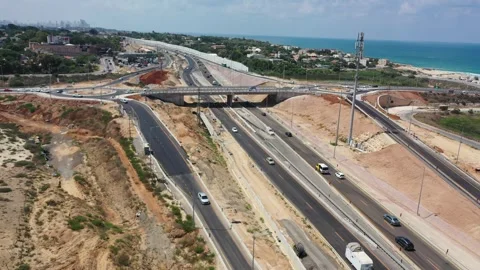 Yanai interchange under construction Israel highway2 AUG12 2022 Aerial shot Stockbeeldmateriaal 293227337