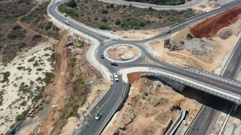 Yanai interchange under construction Israel highway2 AUG12 2022 Aerial shot Stock Footage 293227671