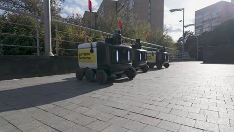 Yandex Eda Delivery Robots Moving in Single File Stock Footage 339243327