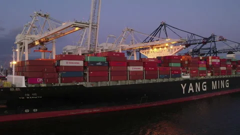 Yang Ming container ship at port in Bayonne, New Jersey Stock Footage 143363735