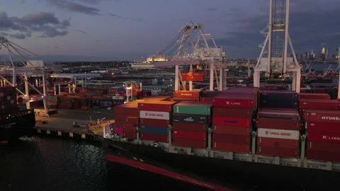Yang Ming container ship at port in Bayonne, New Jersey Stock Footage 143363751