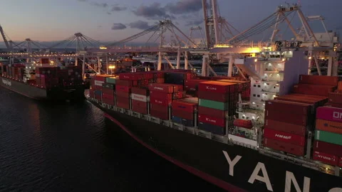 Yang Ming container ship at port in Bayonne, New Jersey Stock Footage 143363976