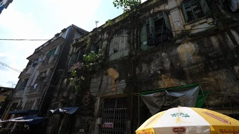 Yangon old and moldy building, Bruma, Asia in 4K Stock Footage 93962234