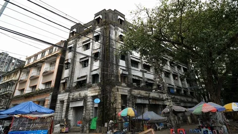 Yangon old and moldy building, Bruma, Asia in 4K Stock Footage 93962539