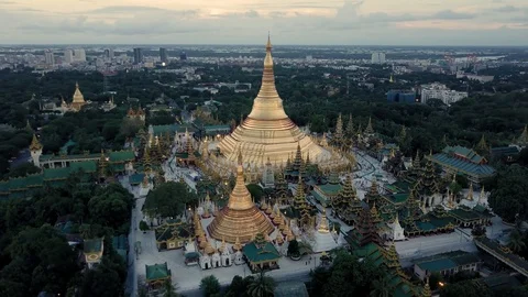 Yangon (Shwedagon pagoda) at sunset by drone in 4K. Stock Footage