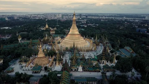 Yangon (Shwedagon pagoda) at sunset by drone in 4K Stock Footage