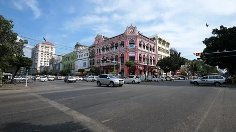 Yangon streets, trafic and people walking, sunny day, Burma, Asia in 4K Stock Footage 93960733