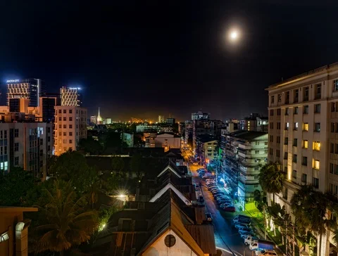Yangon view by night timelapse with the moon Stock Footage