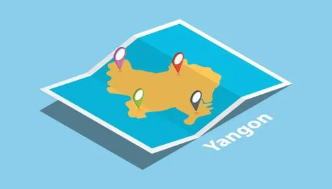 Yangoon or rangoon explore maps with isometric style and pin location tag on  스톡 일러스트