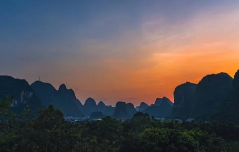 Yangshuo landscape panorama at dusk Stock Photos