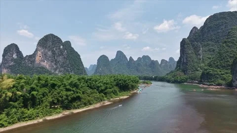 Yangshuo Li River Aerial View Karst Mountains and Tourist Boats, Guilin China Stock Footage 337460415