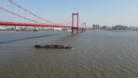 Yangtze River Busy Shipping Freight Aerial Transportation Stock Footage 321048209