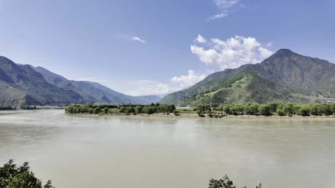 Yangtze River Valley with Tree-Covered Island and Mountains Stock Footage 340130401
