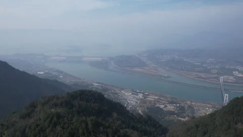 Yangtze River Xiling Gorge View Toward Three Gorges Dam Aerial Stock Footage 320508781