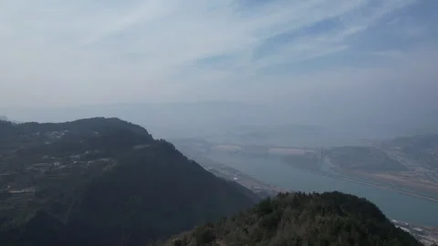 Yangtze River Xiling Gorge View Toward Three Gorges Dam Aerial Stock Footage 320508793