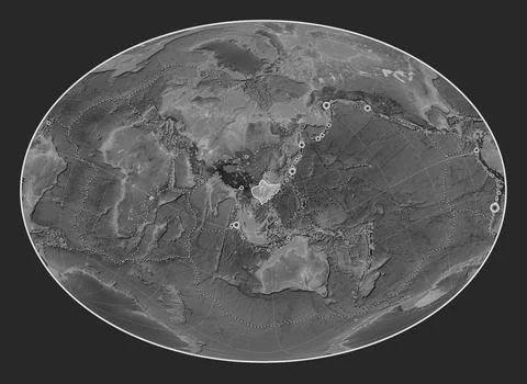 Yangtze tectonic plate. Grayscale. Fahey Oblique. Earthquakes and boundaries Stock Illustration
