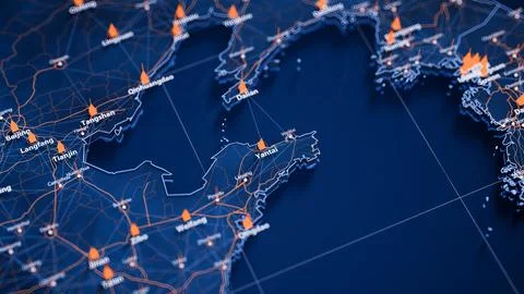 Yantai map big data visualization. Futuristic map infographic of city in China Illustrazione stock