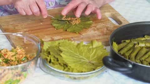 Yaprak Sarma, Dolma, Stuffed Grape Leaves With Rice And Meat. Vidéo 145795697