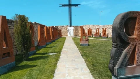 The Yard of the Cyrillic Alphabet is a open-air museum in Pliska Vídeo Stock 138708060