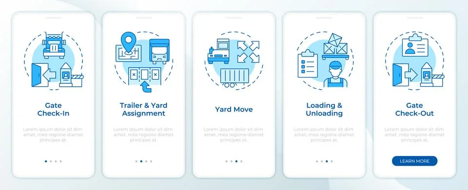 Yard management process flow blue onboarding mobile app screen Stock Illustration