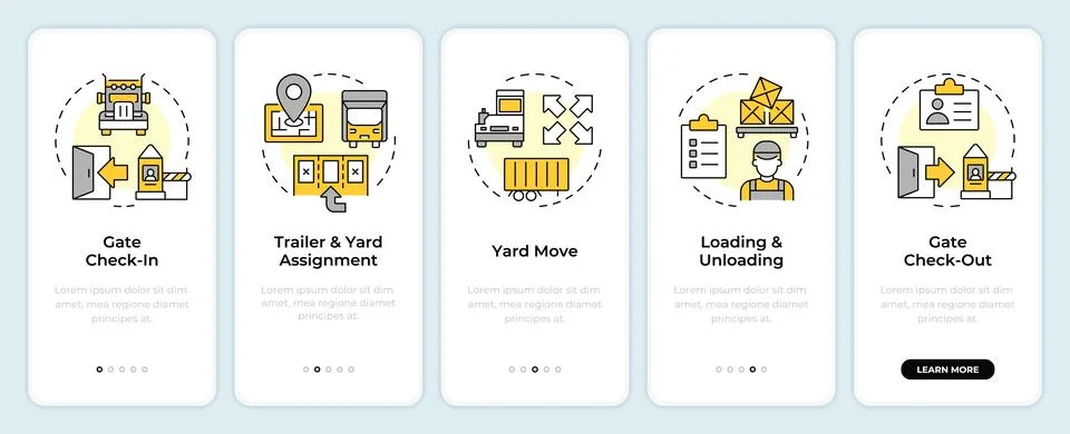 Yard management process flow onboarding mobile app screen Stock Illustration
