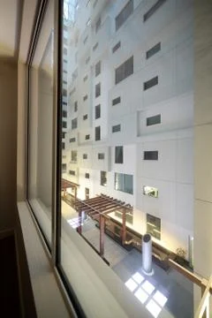 Yard of modern skyscraper in dubai Stock Photos