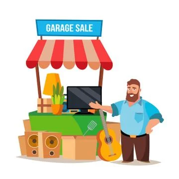 Yard Sale Vector. Man Having A Garage Sale. Isolated On White Cartoon Character Illustrazione stock