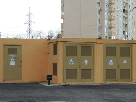 Yard transformer for distributing current to apartment buildings Stock Photos