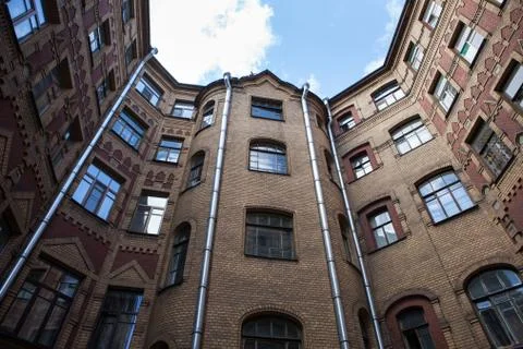 Yard-well kind of bottom-up, typical architecture of old Saint Petersburg Stock Photos
