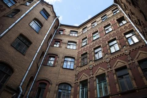 Yard-well kind of bottom-up, typical architecture of old Saint Petersburg Stock Photos