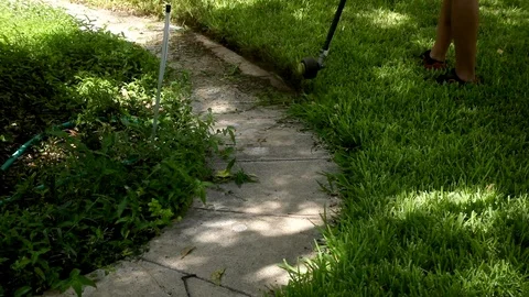 Yard Work - String Trimmer Edging Sidewalk and Grass Vídeos de archivo 121285277