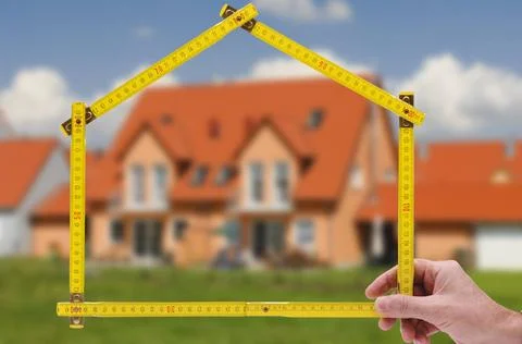 Yardstick folded in form of an house in hand of an agent yardstick folded ... Stock Photos