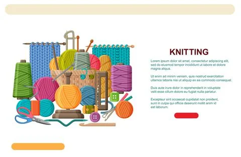Yarn and knitting tools, needles, hook and scissors. Knitting, crochet web Illustrazione stock